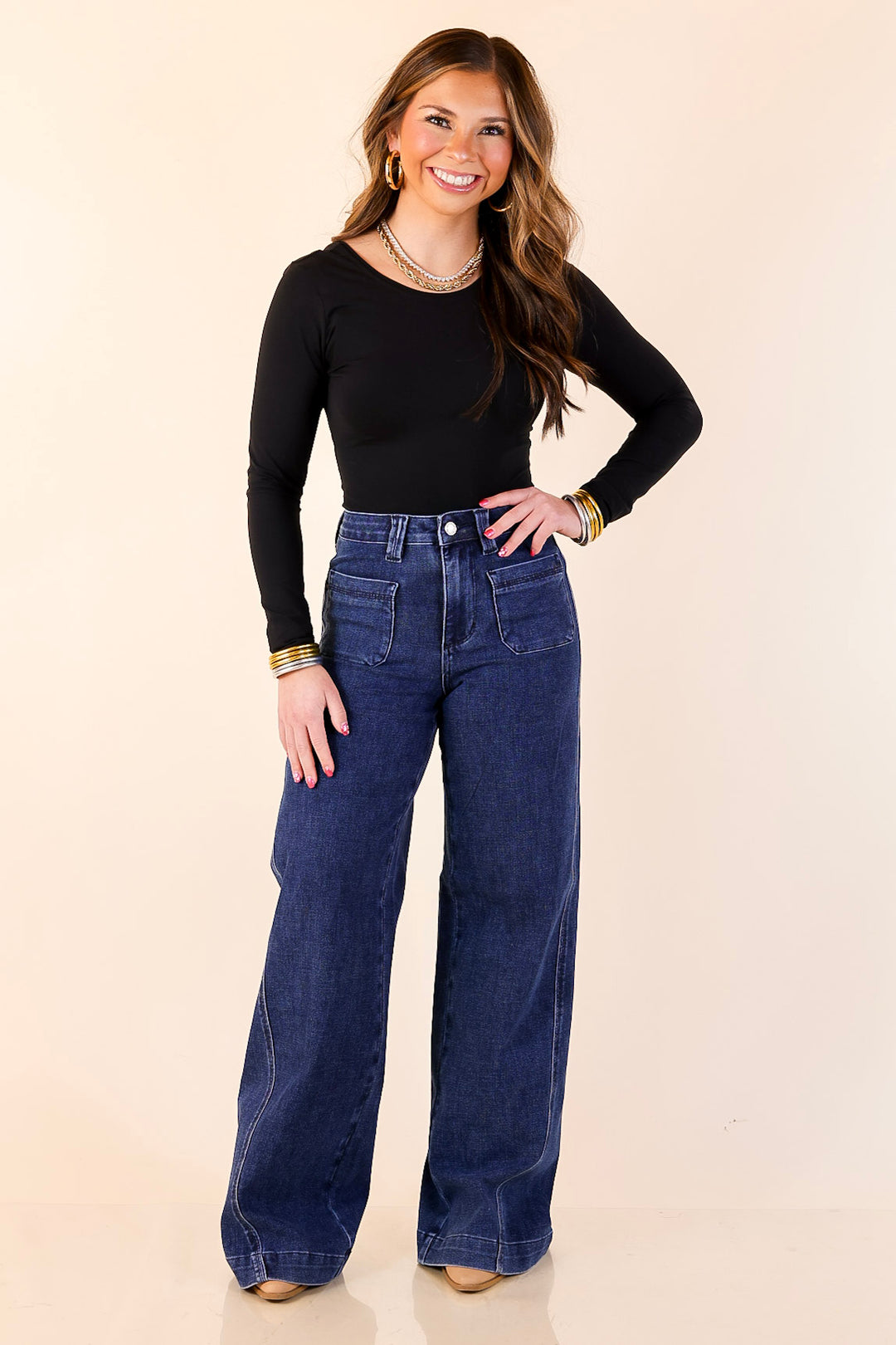 Judy Blue | Front and Center Front Patch Pocket Retro Wide Leg Trouser Jean in Dark Wash