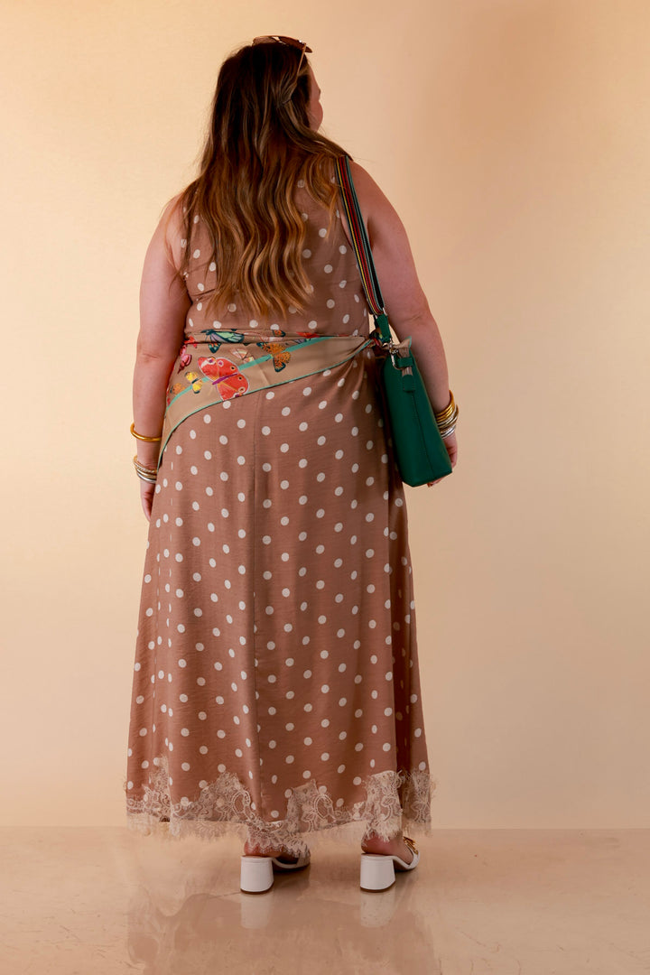 Sweet Little Something Polka Dot Sleeveless Maxi Dress with Lace Trim in Tan