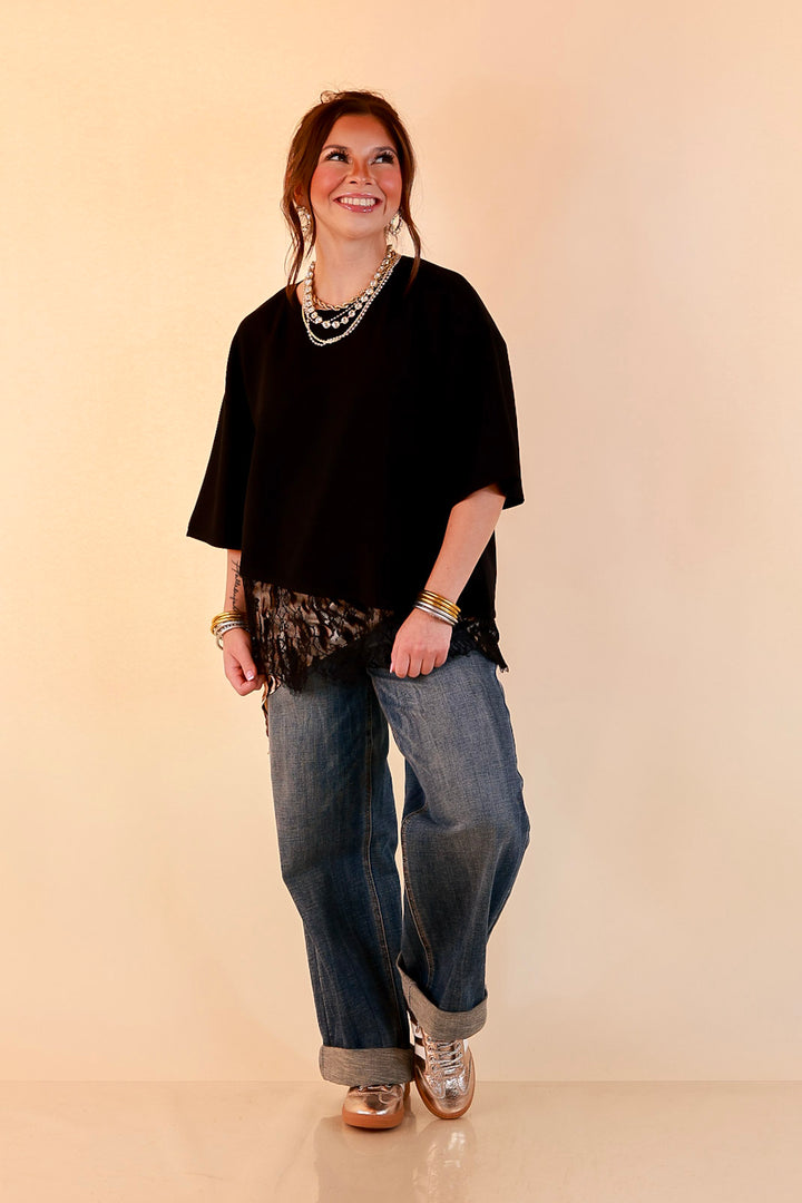 Laced with Charm Oversized Asymmetrical Lace Trim Boxy Top in Black