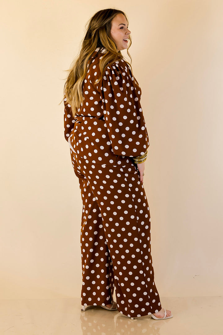 Better Together Polka Dot Button Up Collared Top with Poofy Sleeves in Brown