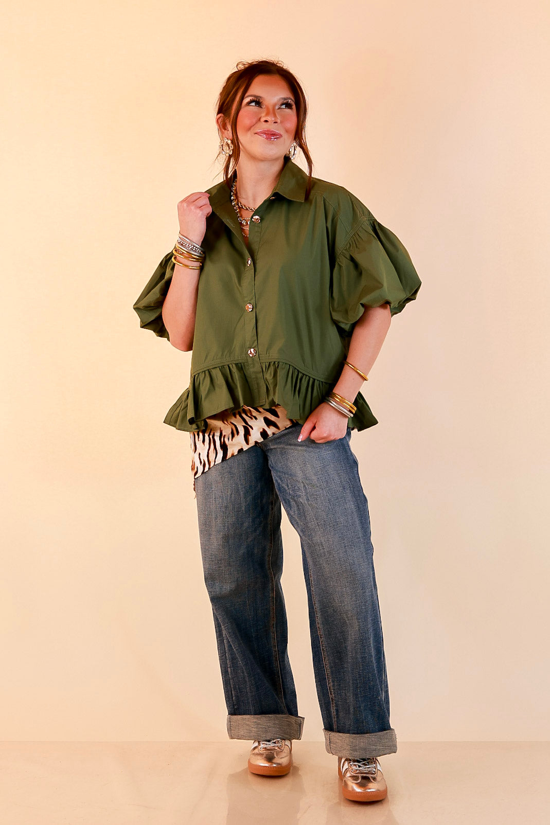 Style in Session Solid Button Down Peplum Bubble Sleeve Top in Olive Green