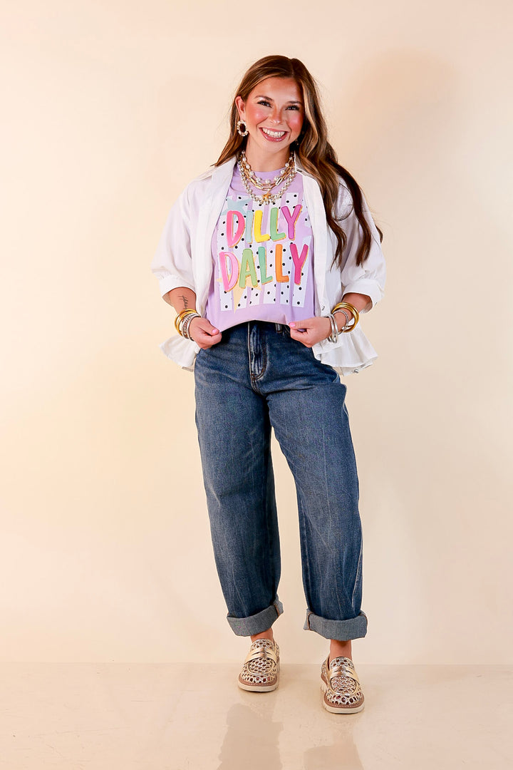 Here for the Fun "Dilly Dally" Stripe, Star and Polka Dot Print Short Sleeve Graphic Tee in Lavender Purple