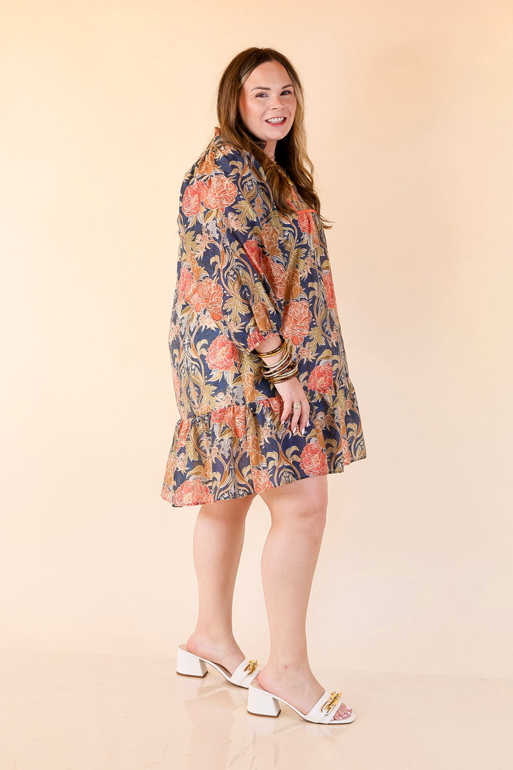 Blooming Days Ahead Floral Print V Neck Dress with Ruffle Trim Collar in Navy Mix