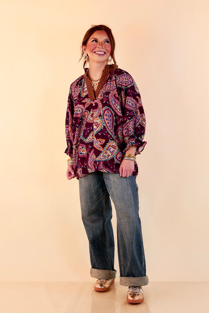 Caught My Eye Ruffle Contrast Stripe Detail Neck Balloon Sleeve Paisley Print Blouse in Plum Purple Mix