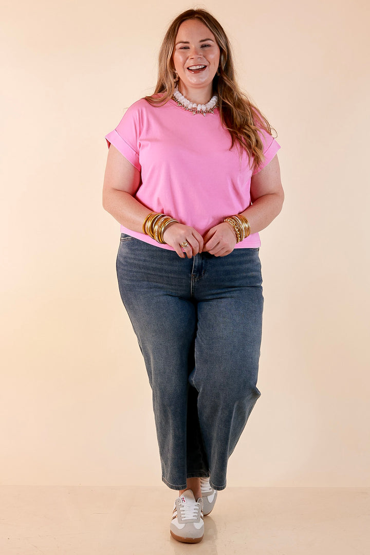 Easy Chic Mineral Washed Short Sleeve Cropped Tee in Candy Pink