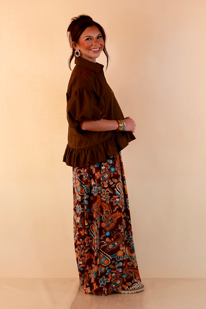 Style in Session Solid Button Down Peplum Bubble Sleeve Top in Chocolate Brown