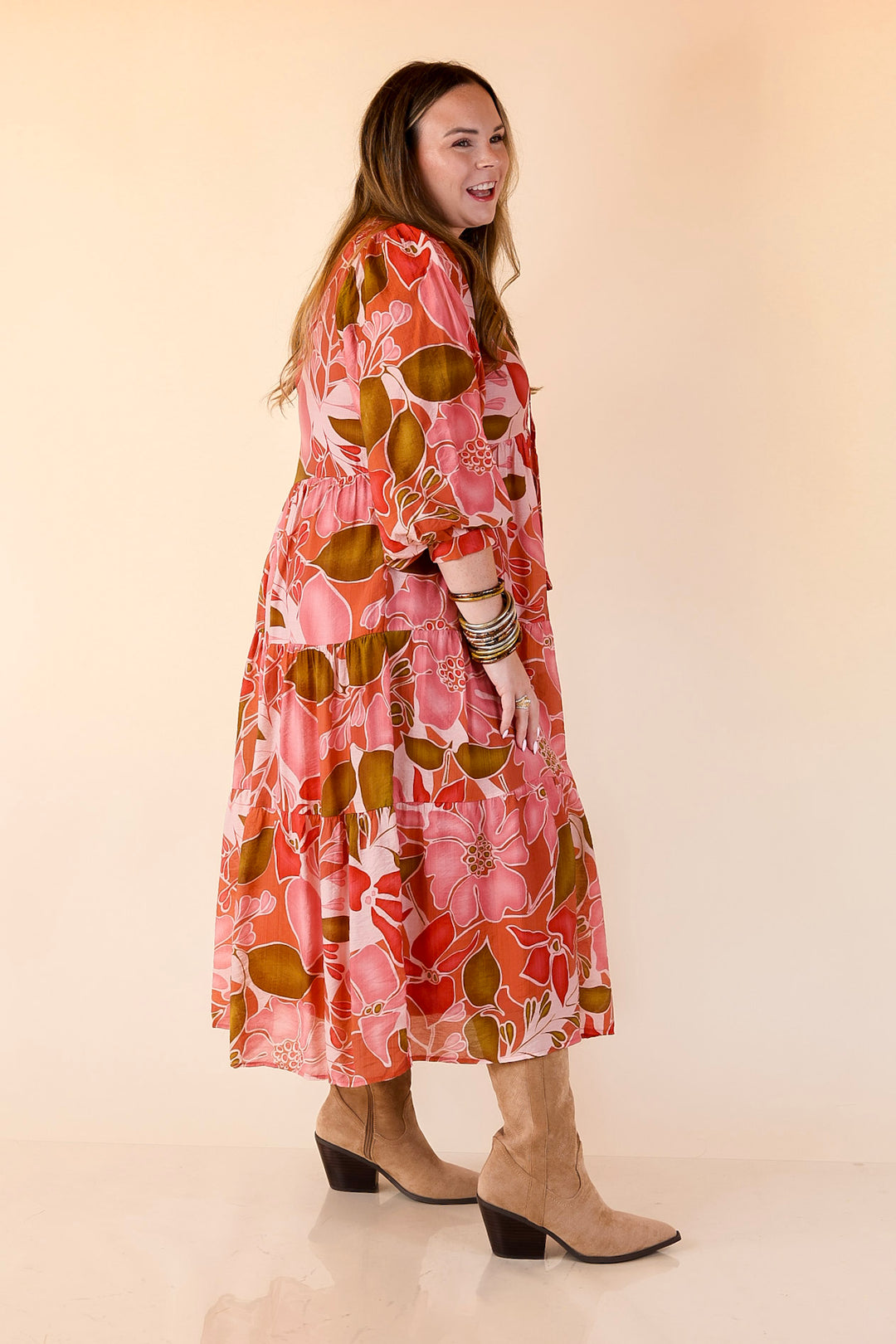 Tiered Midi Dress with 3/4 Balloon Sleeves in Pink and Olive Floral S Tiered Midi Dress with 3/4 Balloon Sleeves in Pink and Olive Floral S