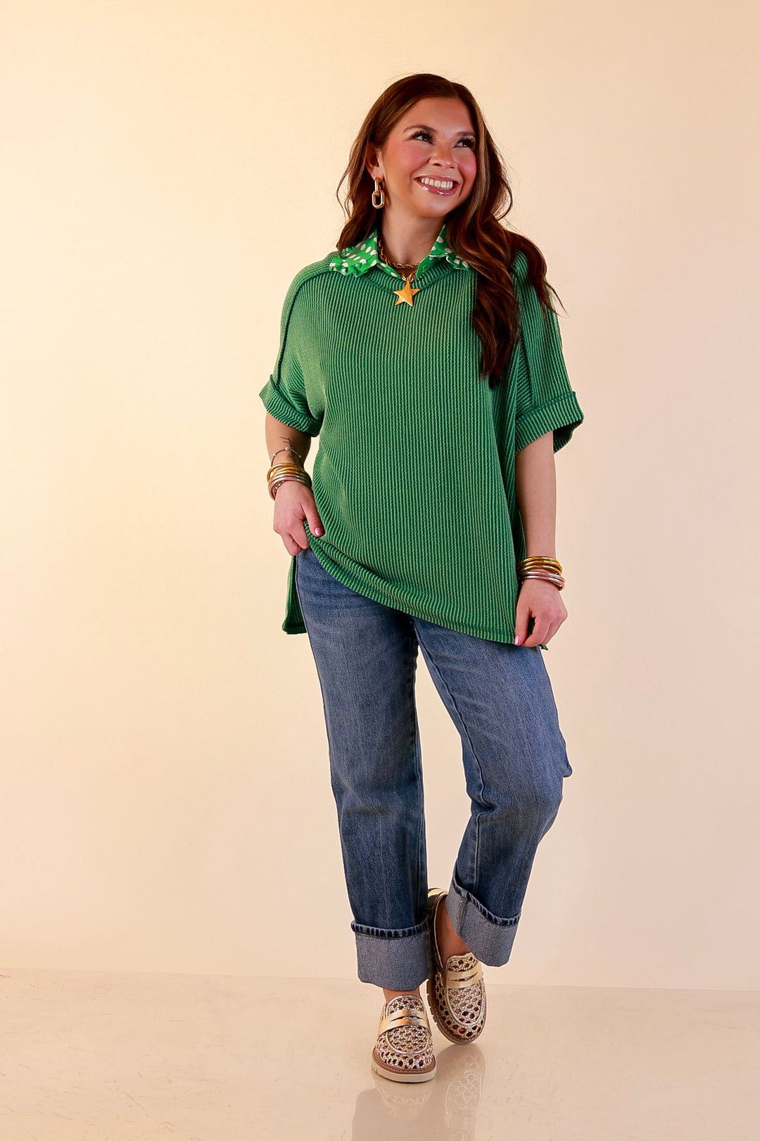 Daily Perfection Scoop Neck Short Sleeve Ribbed Top in Green