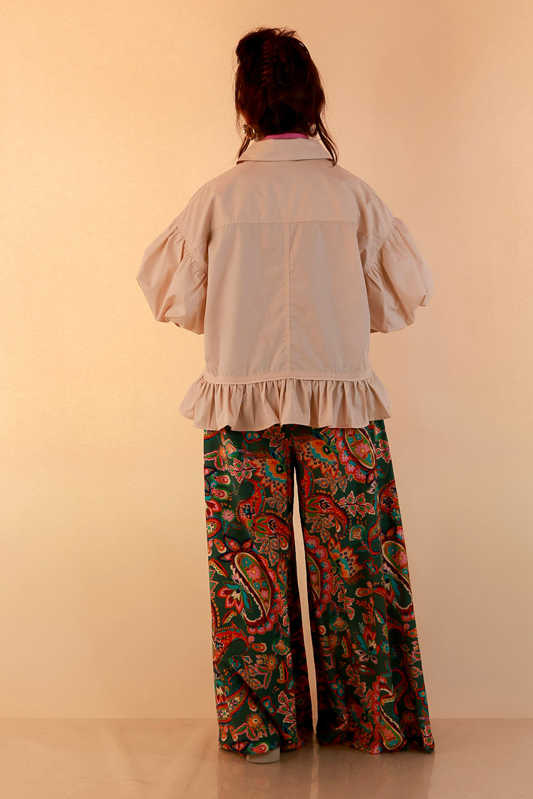 Style in Session Solid Button Down Peplum Bubble Sleeve Top in Ivory