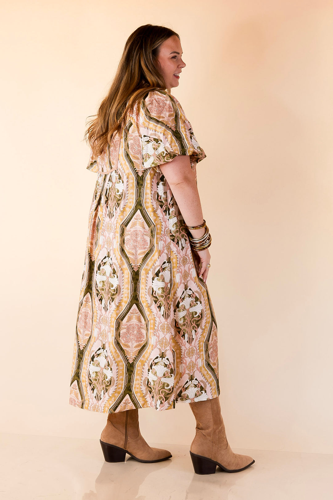 Whimsical Wonder Floral Abstract Print Collared Midi Dress in Pink and Olive Green Mix