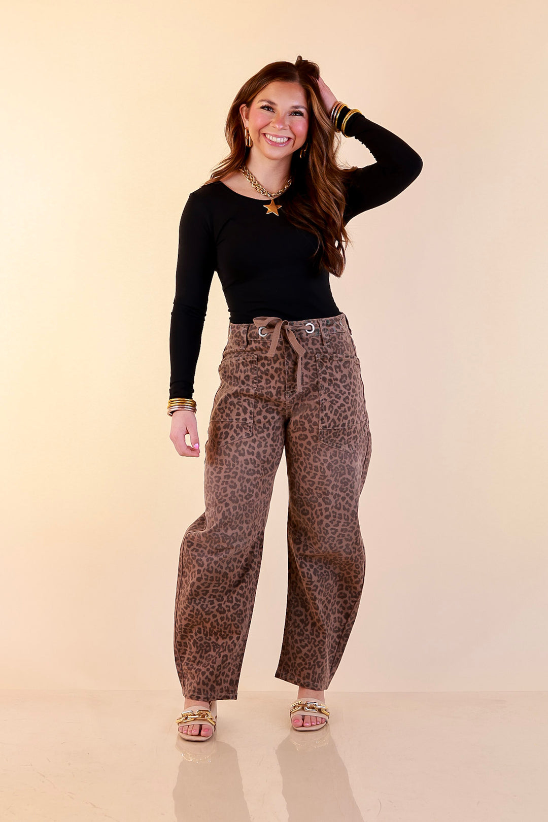 Risen | Easy Statement Leopard Print Drawstring Denim Barrel Jeans in Brown