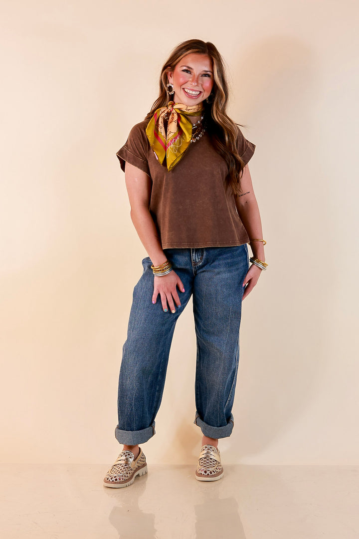 Easy Chic Mineral Washed Short Sleeve Cropped Tee in Chocolate Brown