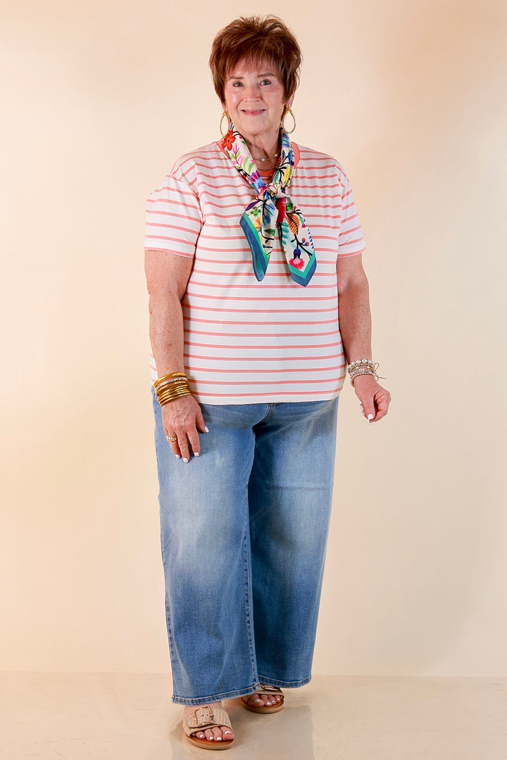 The Daily Stripe Scoop Neck Short Sleeve Striped Tee Top in Coral Orange