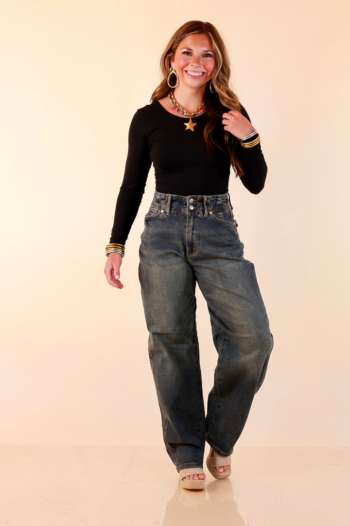 Judy Blue | Never Miss Marlow Arc Relaxed Wide Leg Barrel Jeans with Hollywood Waistband and Double Buttons in Vintage Dark Wash