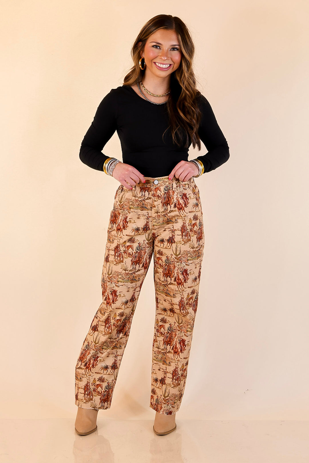 Story of the West Straight Leg Raw Hem Western Print Pants in Taupe Brown