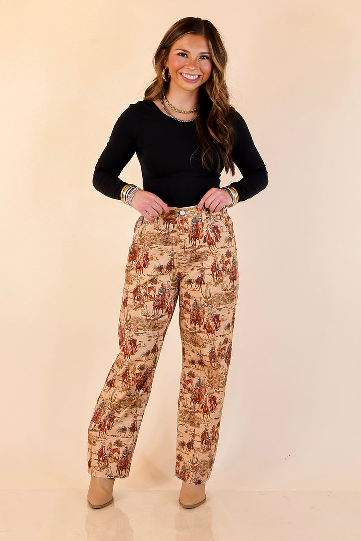 Story of the West Straight Leg Raw Hem Western Print Pants in Taupe Brown