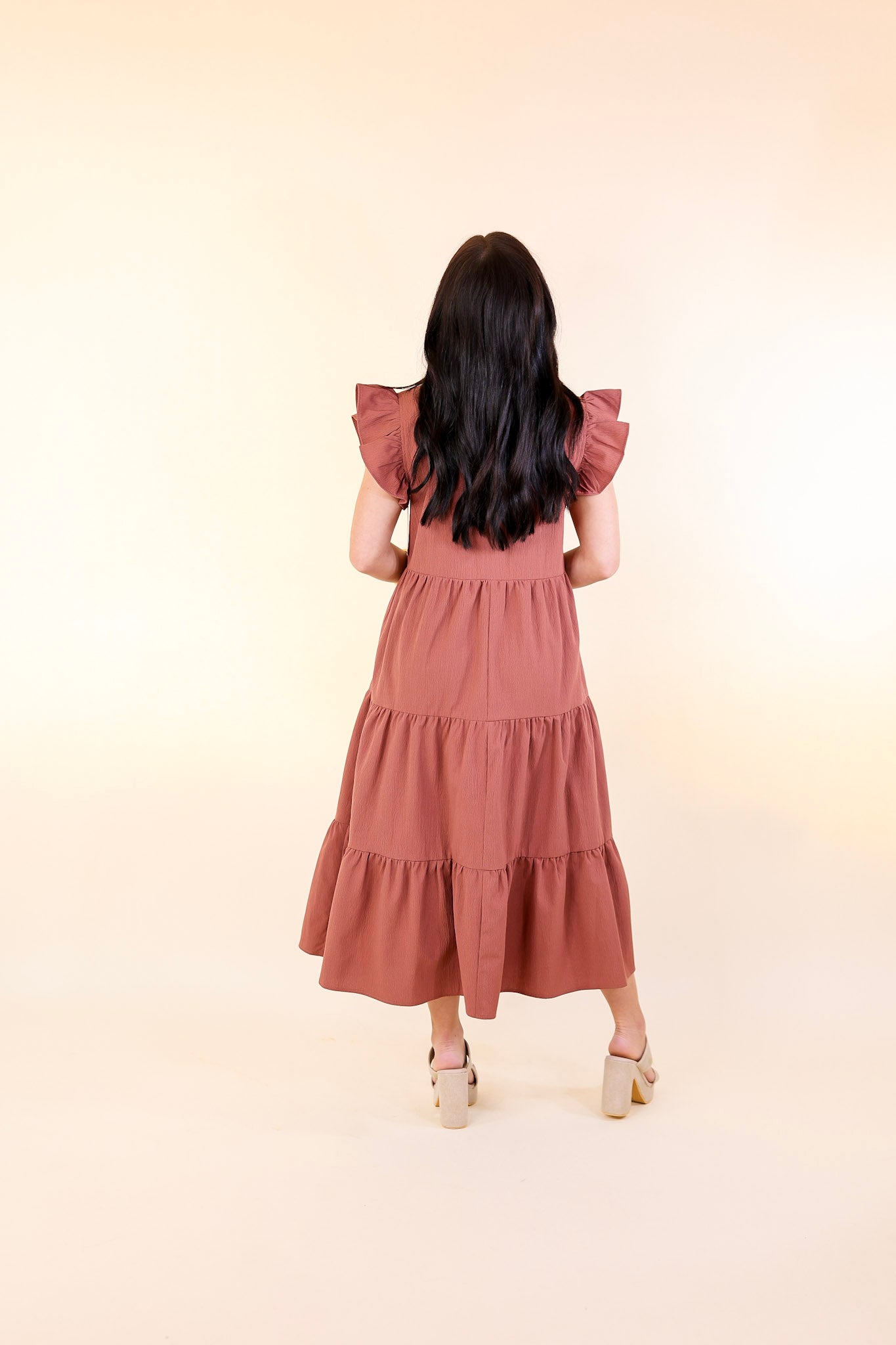 Magnolia Morning Ruffle Cap Sleeve Tiered Midi Dress in Cinnamon (Rust/Clay/Brown)