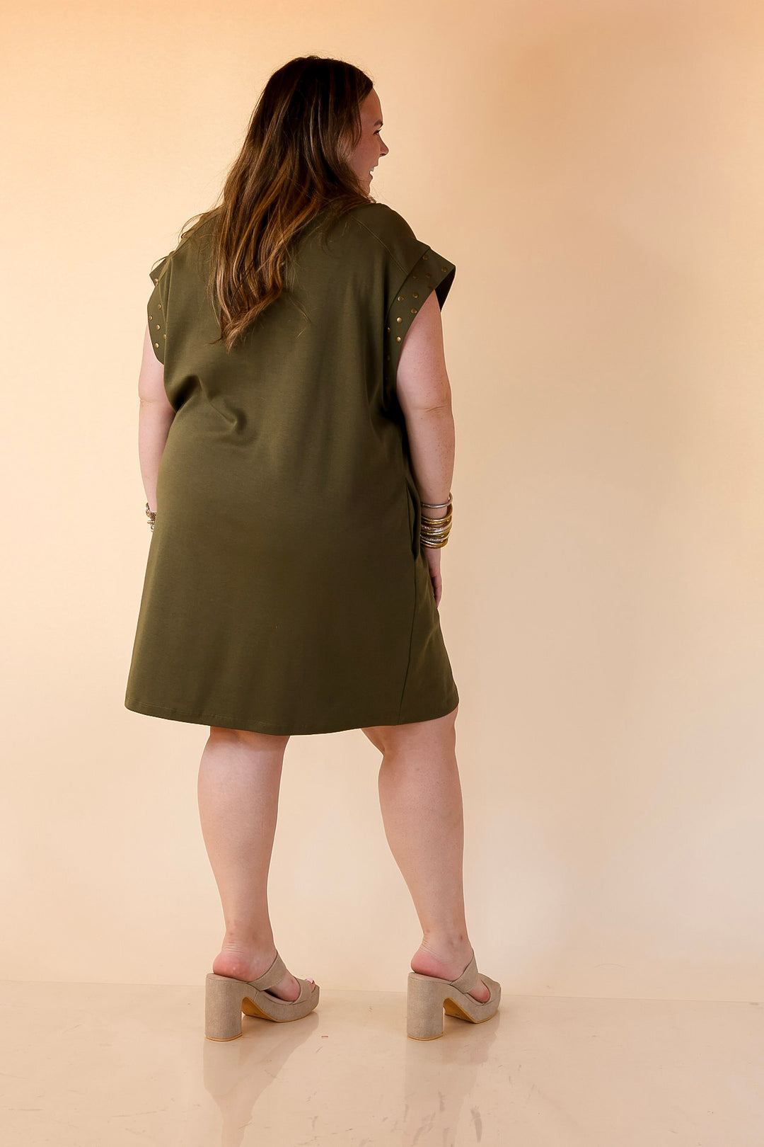 Graceful Glimpse Dress with Gold Stud Detail in Olive Green