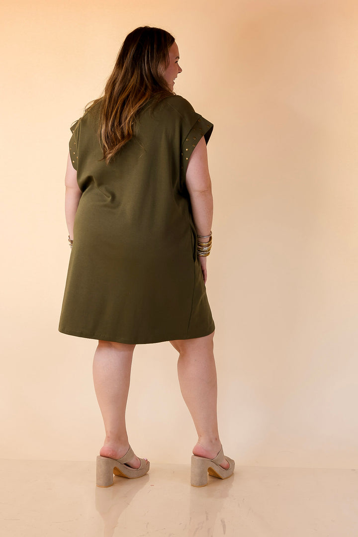 Graceful Glimpse Dress with Gold Stud Detail in Olive Green