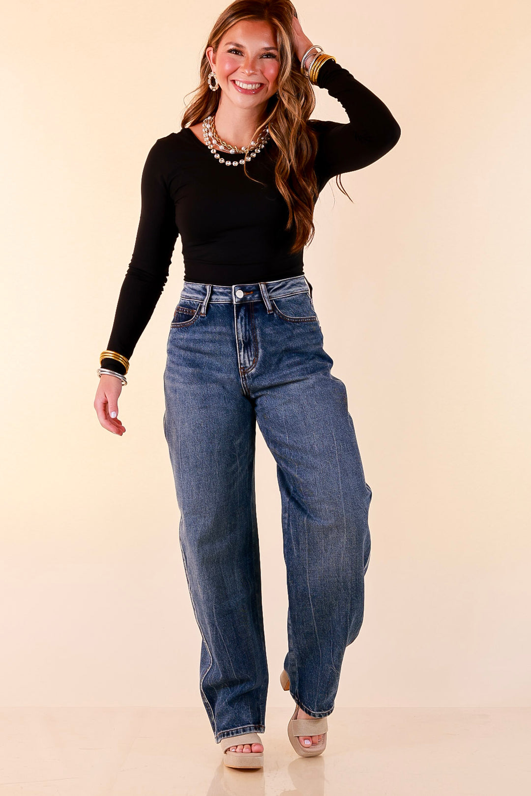 Judy Blue | Everyday Favorite Rigid Magic Marlow Arc Relaxed Wide Leg Barrel Jeans in Dark Weathered Indigo Wash