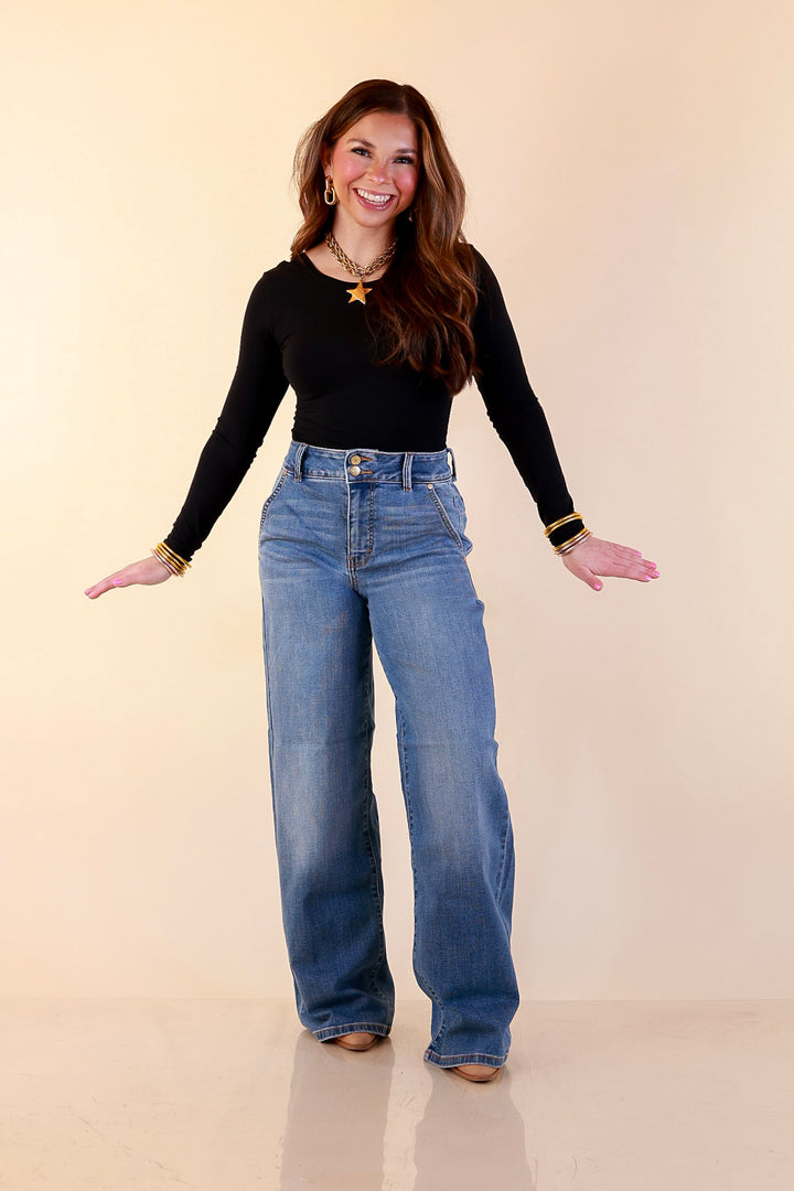 Judy Blue | Go With Everything Double Button Fly Wide Leg Column Trouser Jean in Medium Wash