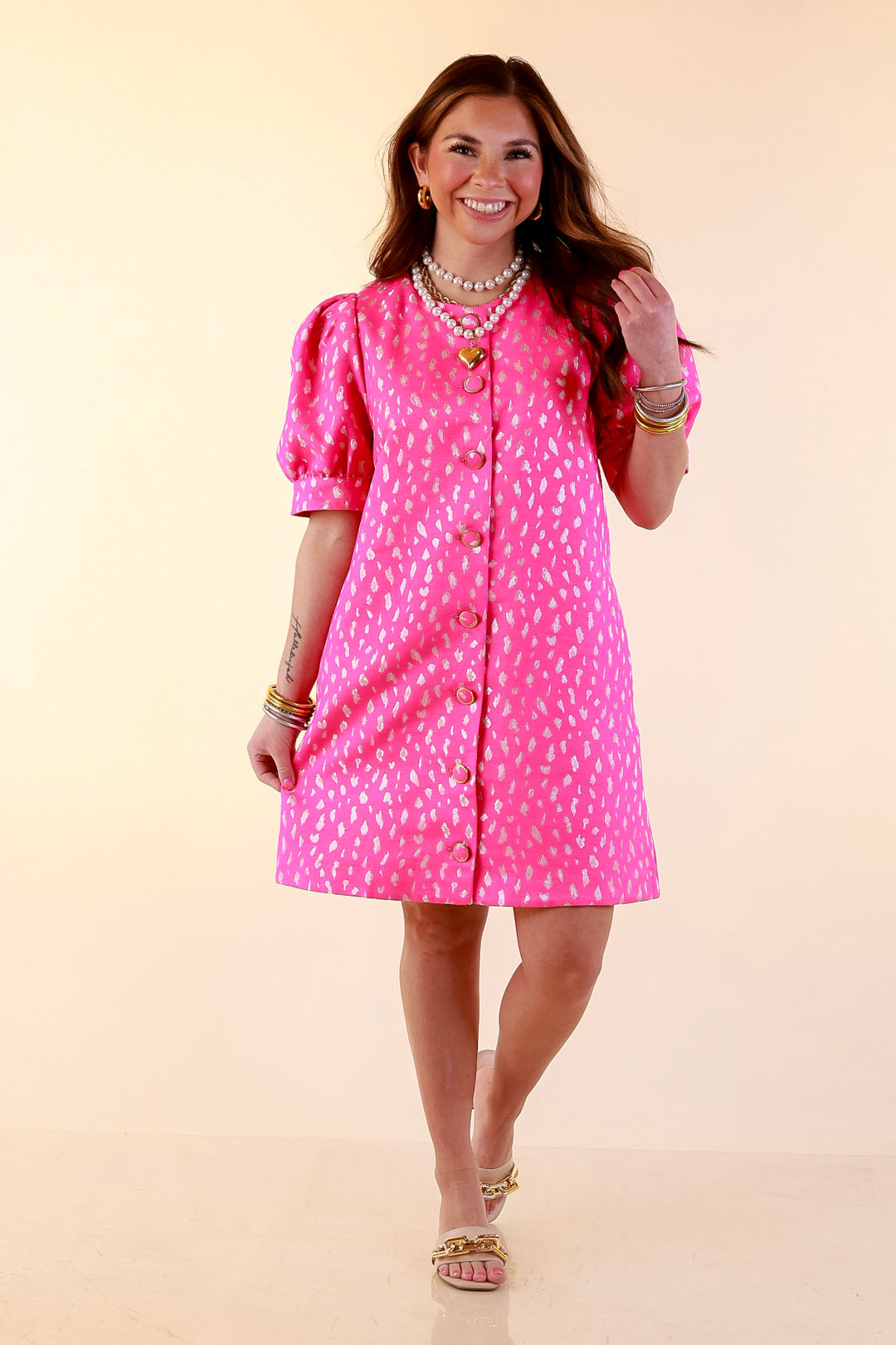 Bold Bliss Button Front Puff Sleeve Metallic Leopard Print Statement Dress in Pink