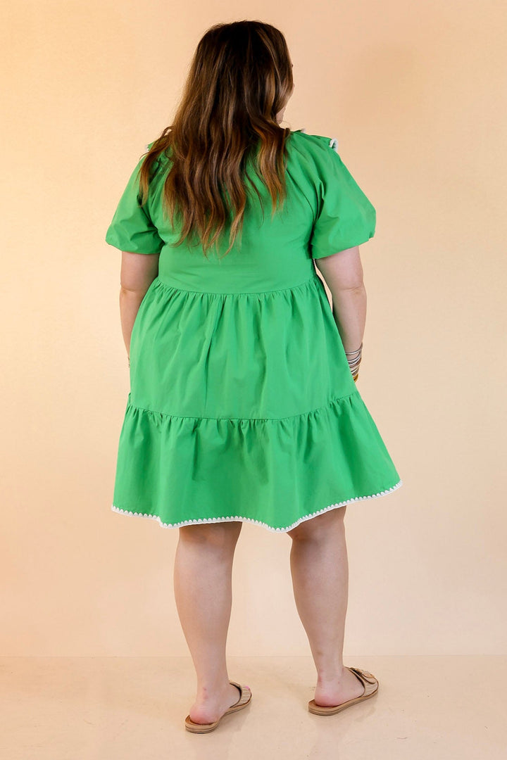 Frill Seeker A-Line Dress with Crochet Trim and Ruffle Detail in Green