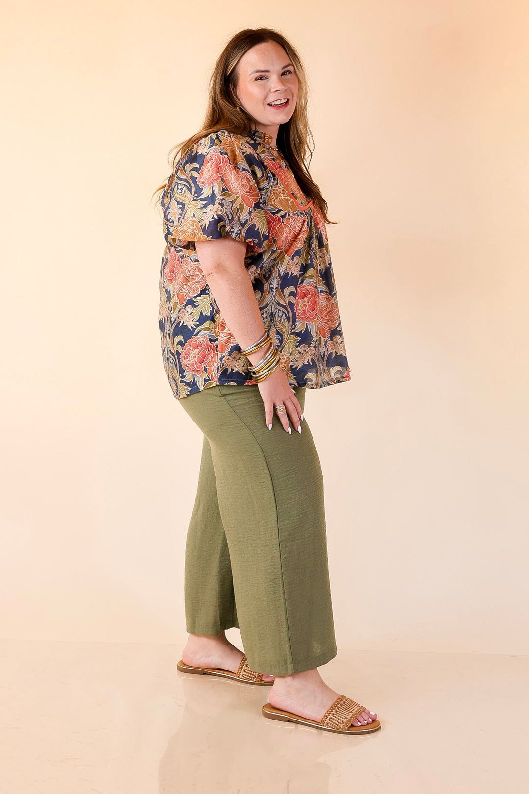 Blooming Days Ahead Floral Print V Neck Blouse with Puff Sleeves and Ruffle Trim Collar in Navy Mix