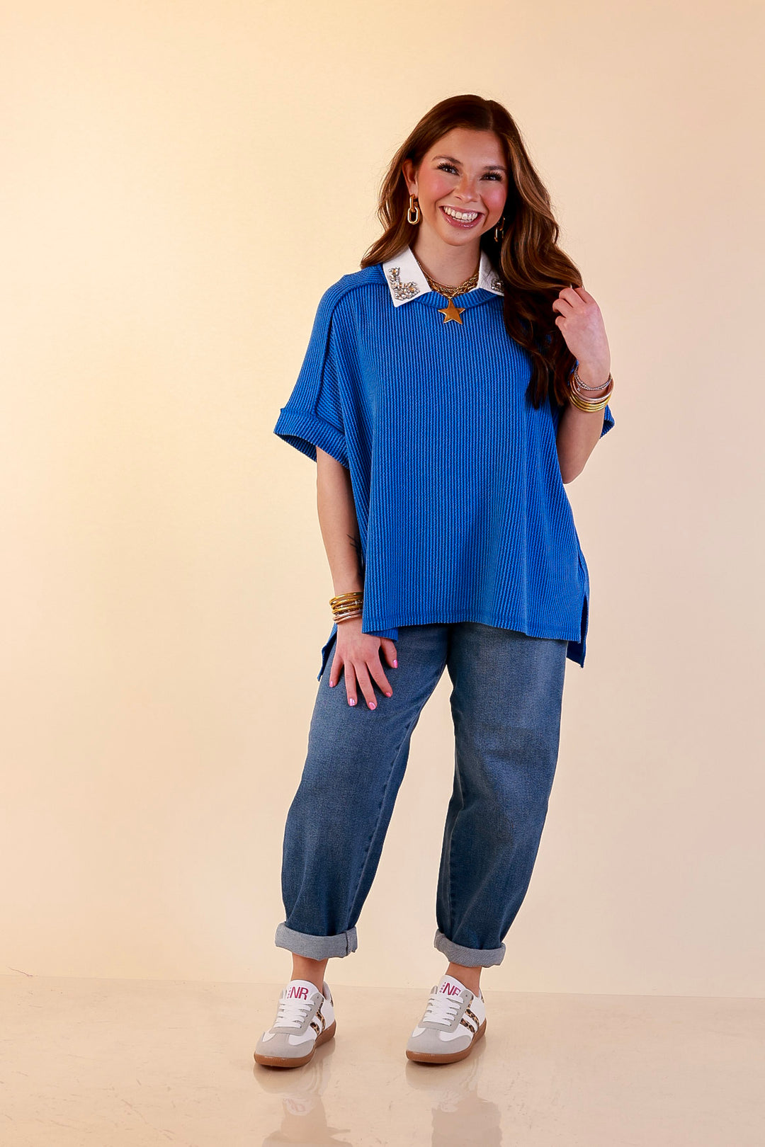 Daily Perfection Scoop Neck Short Sleeve Ribbed Top in Ocean Blue
