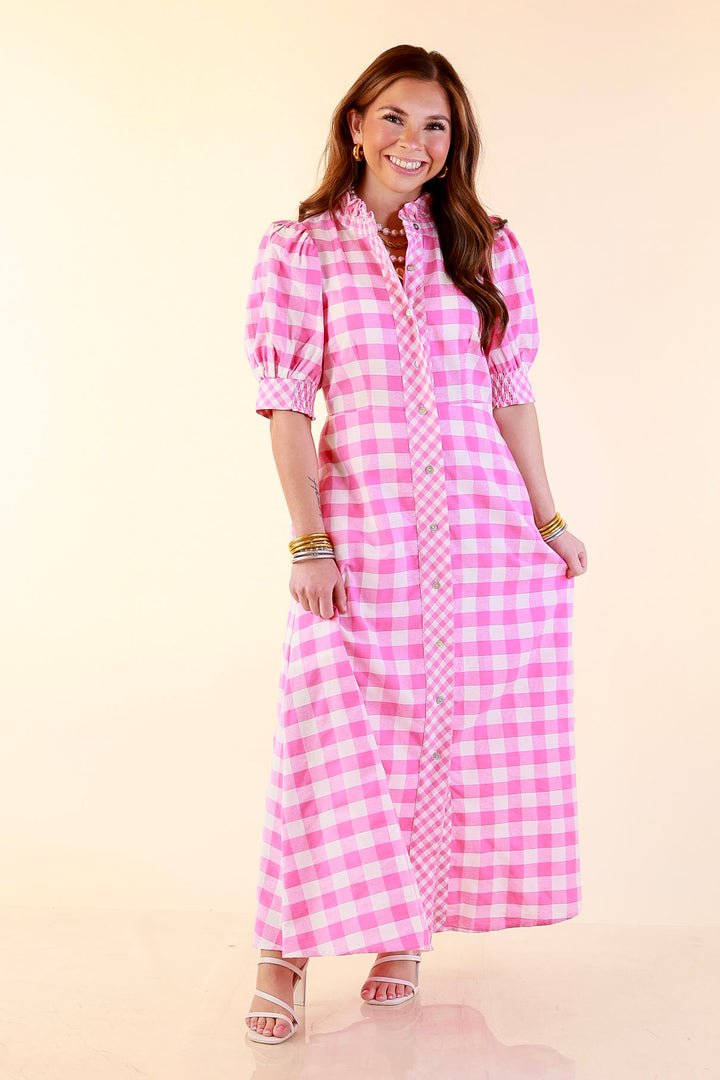 Last Chance Size Medium | Spring Awakening Gingham Print Midi Dress with Puff Sleeves and Checkered Trim in Pink