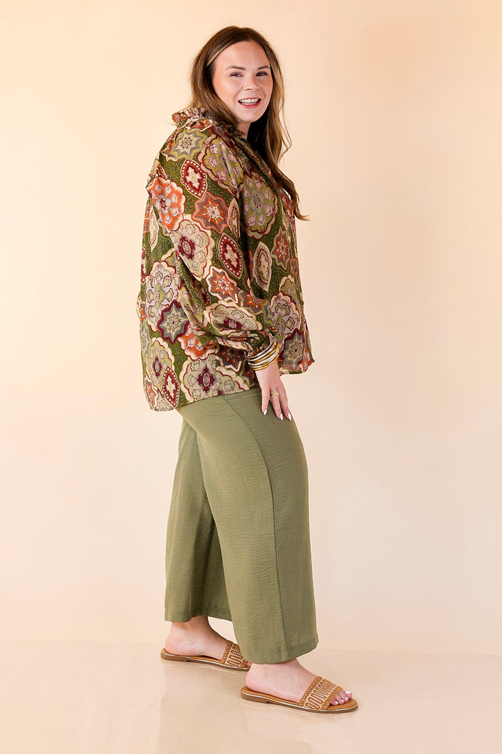 Mosaic Muse Boho Mosaic Print Long Balloon Sleeve Blouse in Olive Green, Maroon and Rust Orange