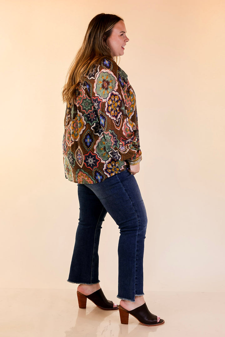 Mosaic Muse Boho Mosaic Print Long Balloon Sleeve Blouse in Brown, Pink, Navy and Cream