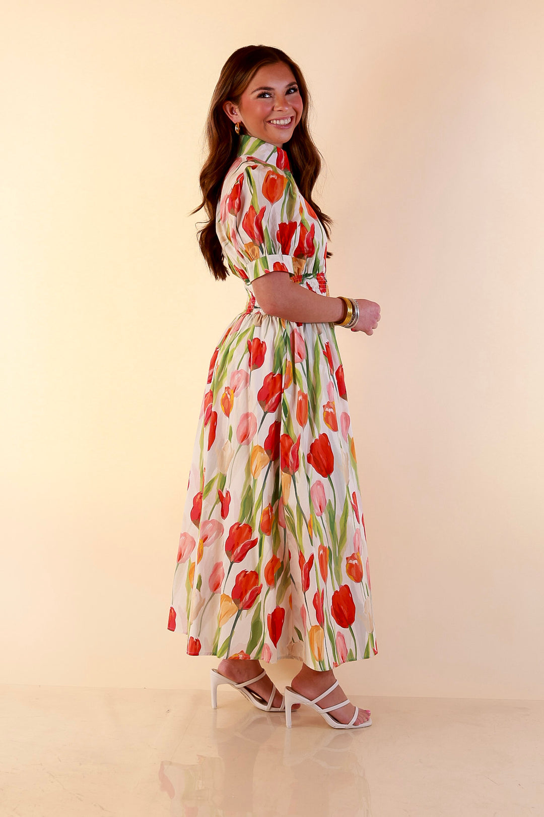 Modern Charm Zip Front Midi Tulip Print Dress with Smocked Waist and Short Sleeves in Cream