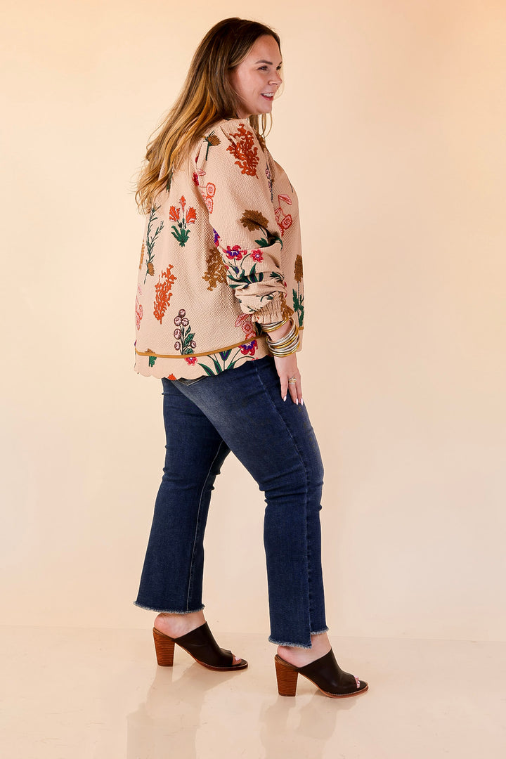 Garden Soirée Floral Print Collared Blouse with Long Balloon Sleeves in Tan