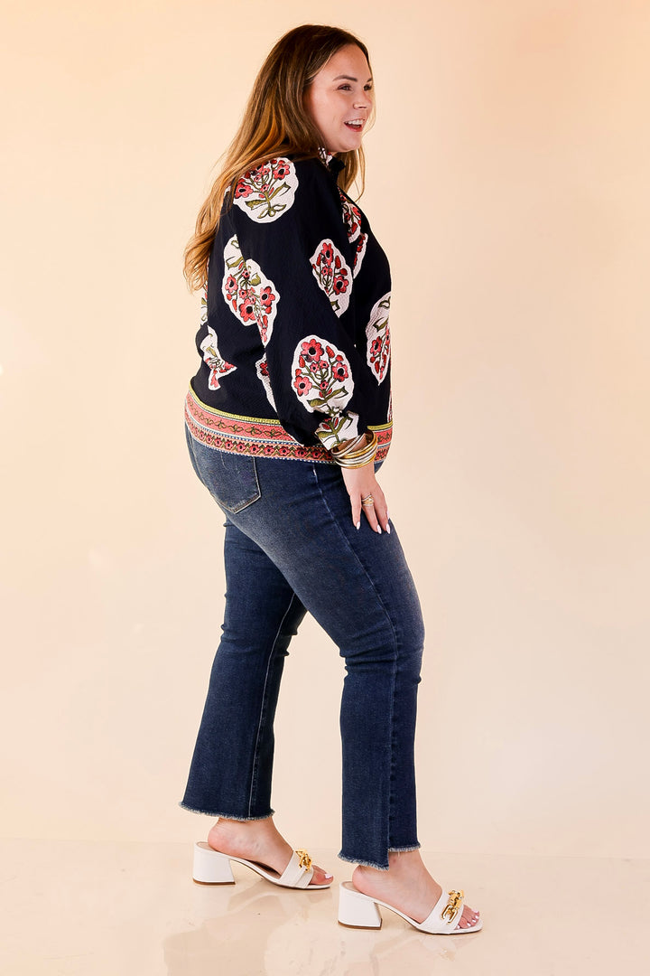 Farmer's Market Flair Floral Print V Neck Blouse with Long Balloon Sleeves in Navy