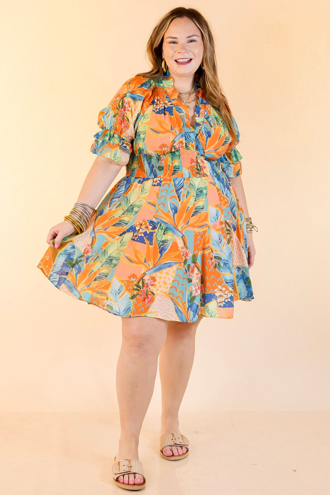 Sweet as Sundown Floral Print Dress With Smocked Waist in Orange Mix
