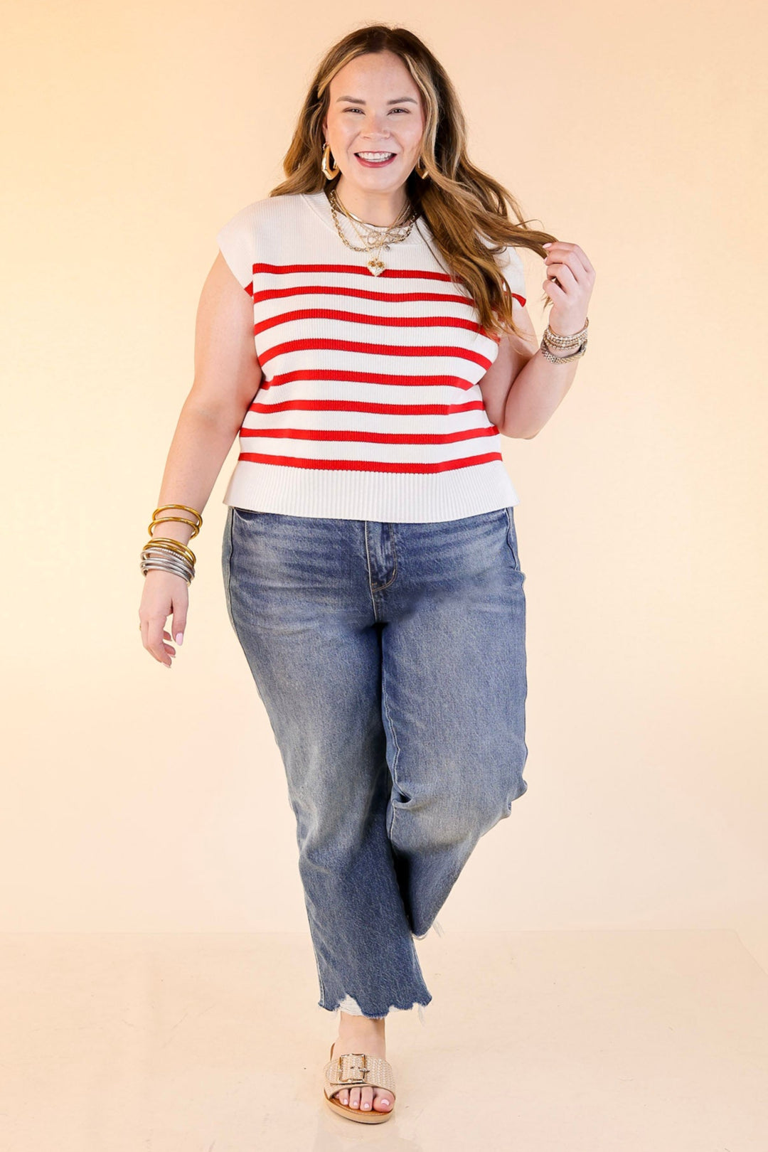 Stripe Things Up Drop Shoulder Knit Sweater in White with Red Stripes