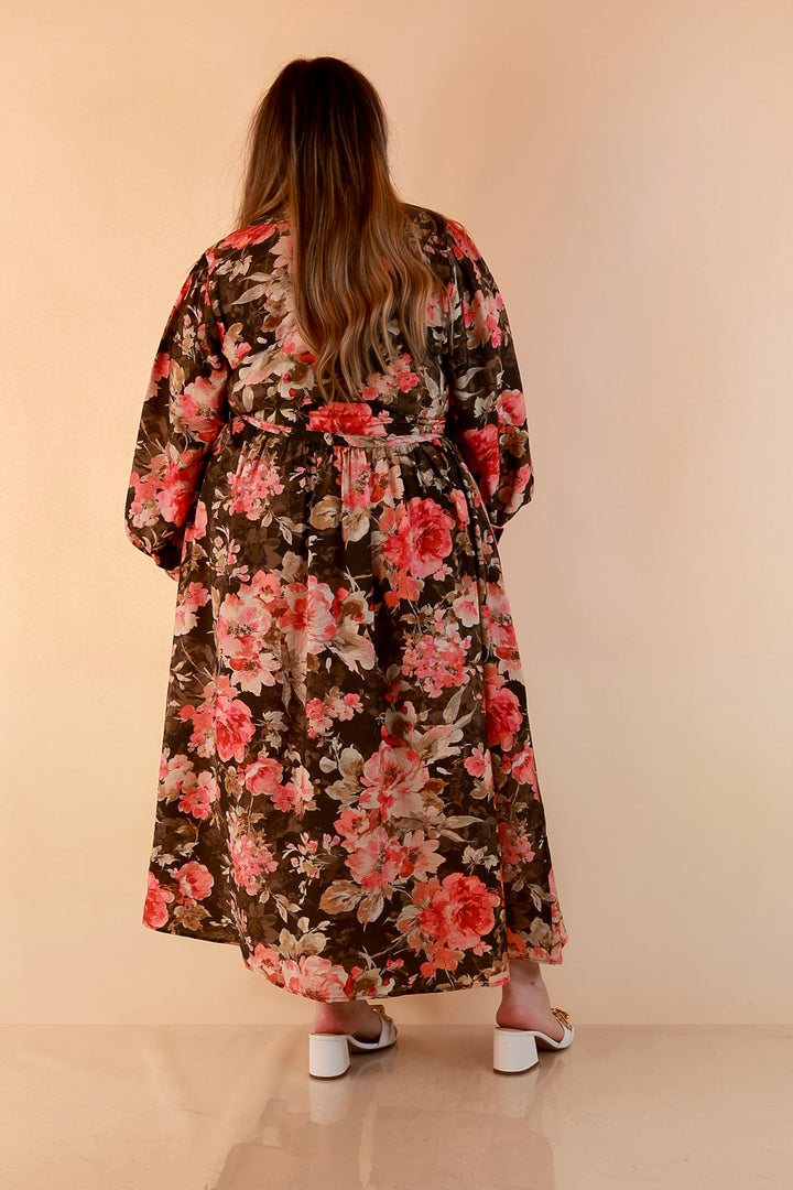 Written in the Roses Long Sleeve Floral Button Front Belted Midi Dress in Olive Green Multi