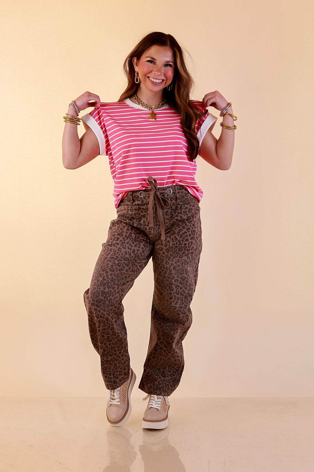 Right on Repeat Scoop Neck Cap Sleeve with Contrast Trim Striped Tee Top in Fuchsia Pink