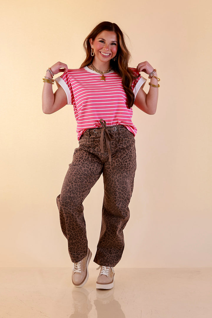Right on Repeat Scoop Neck Cap Sleeve with Contrast Trim Striped Tee Top in Fuchsia Pink
