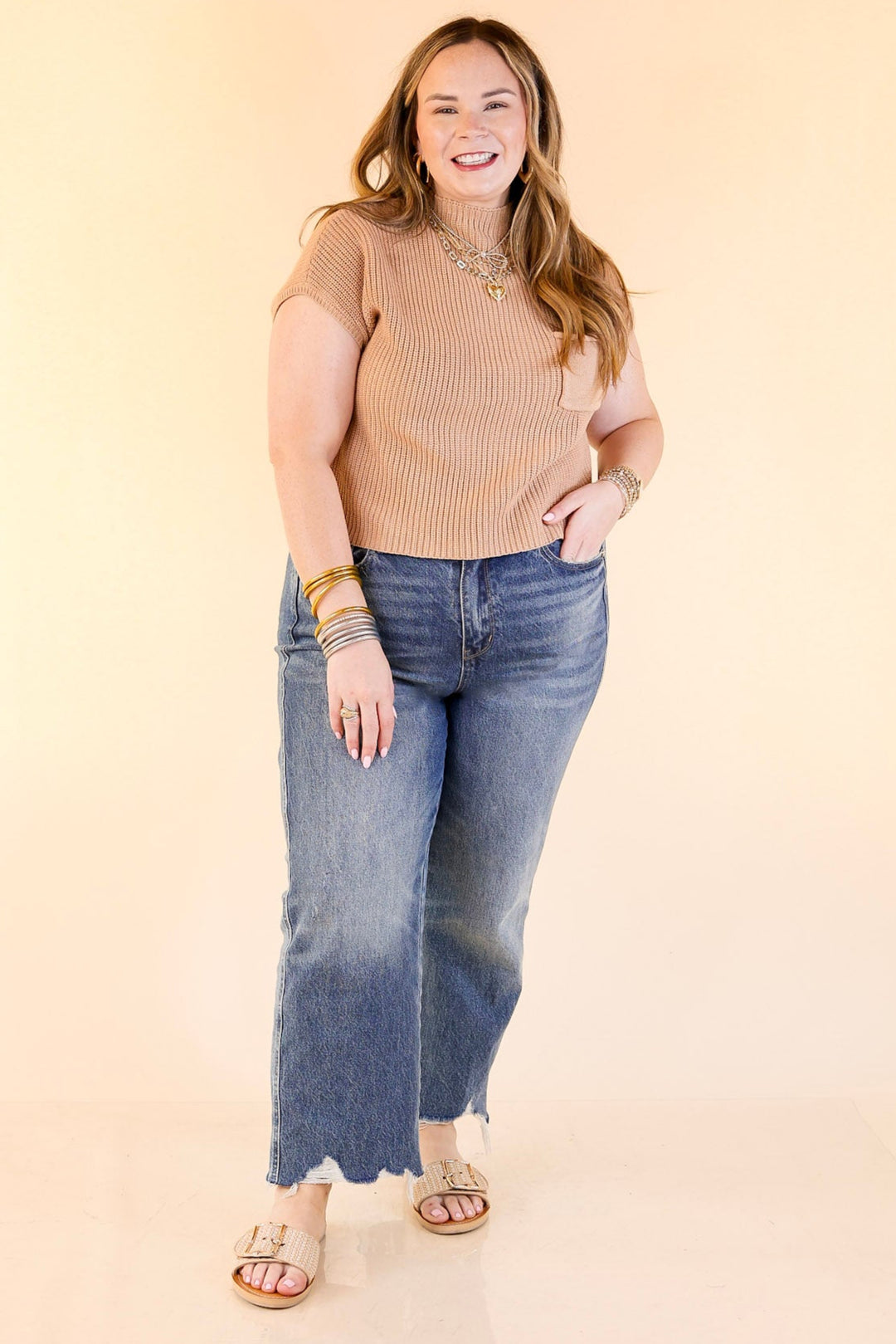 Repeat Worthy Cap Sleeve Cropped Sweater with Front Pocket in Light Brown