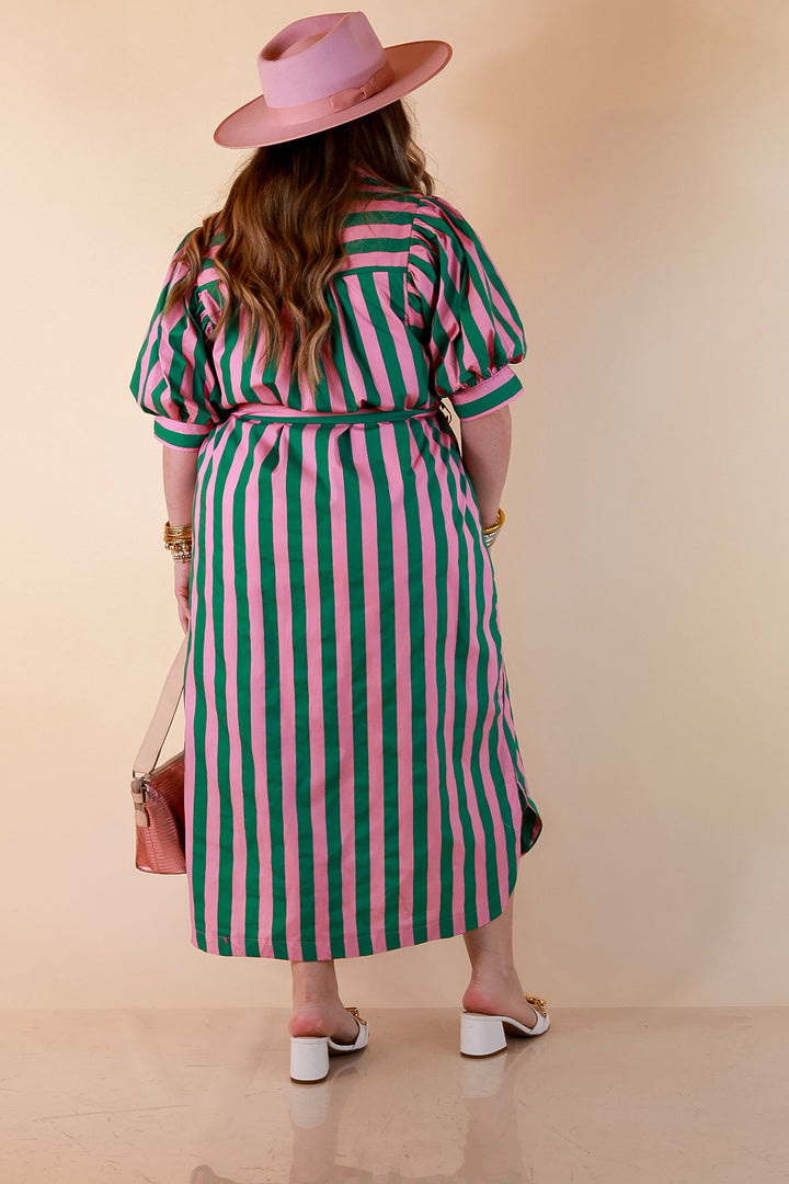 Palm Springs Pretty Puff Sleeve Button Front Belted Midi Dress with Stripe Print in Pink and Kelly Green