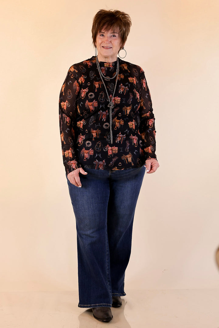 Sheer Confidence Western Saddle and Bits Icons Mesh Long Sleeve Top in Black