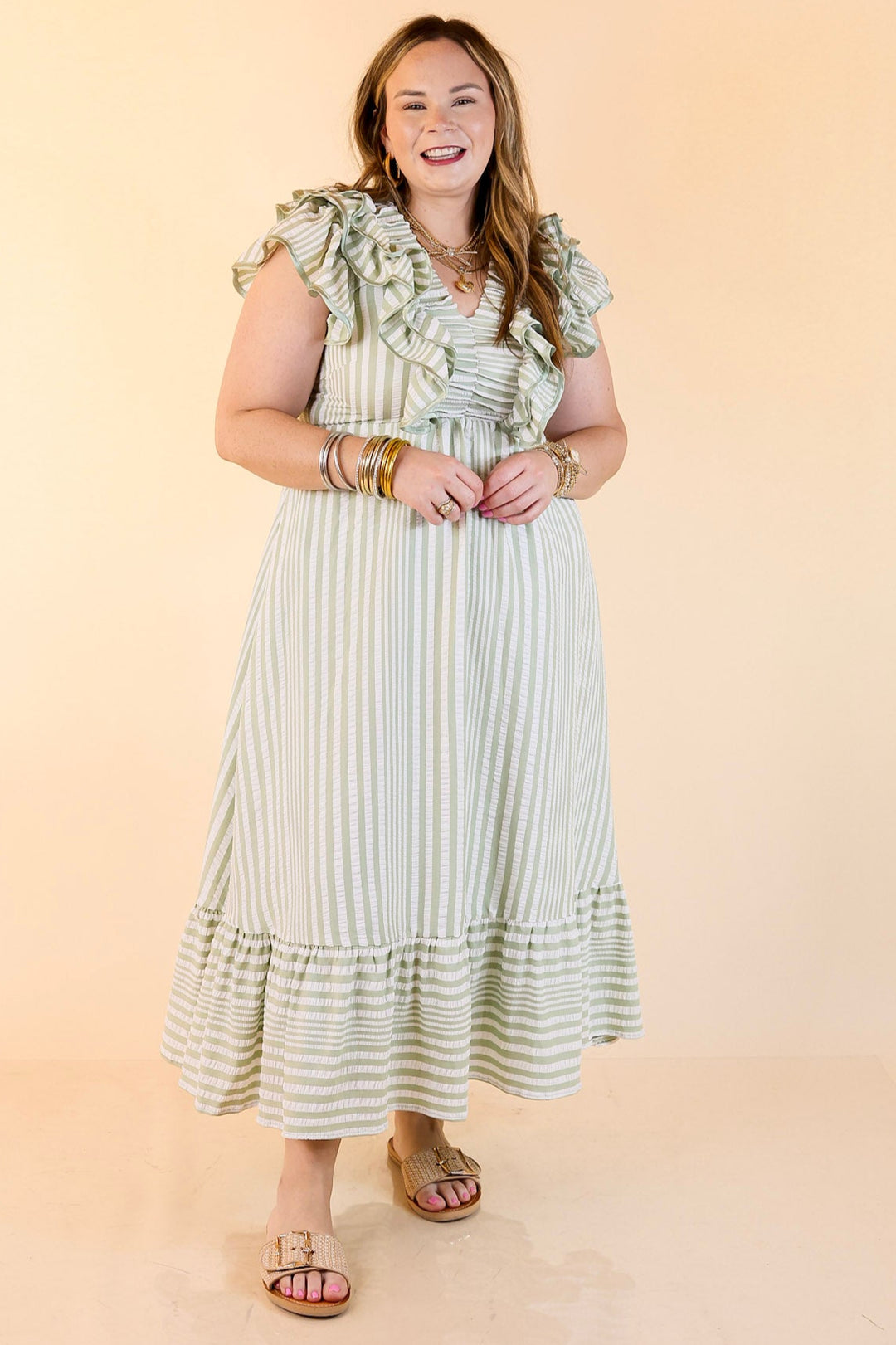 Oh So Sweet V-Neck Striped Maxi Dress in Sage Green
