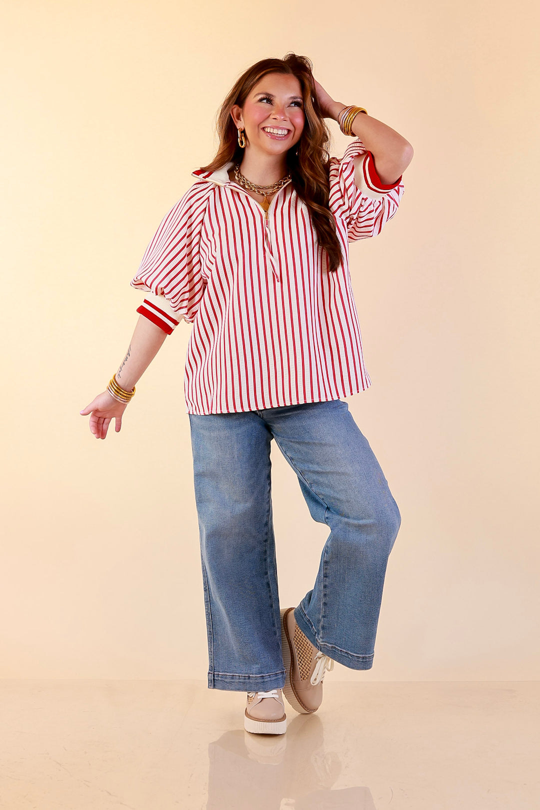 Bold Instincts Striped Print Half Zip Top with Puff Sleeves in Red and Ivory