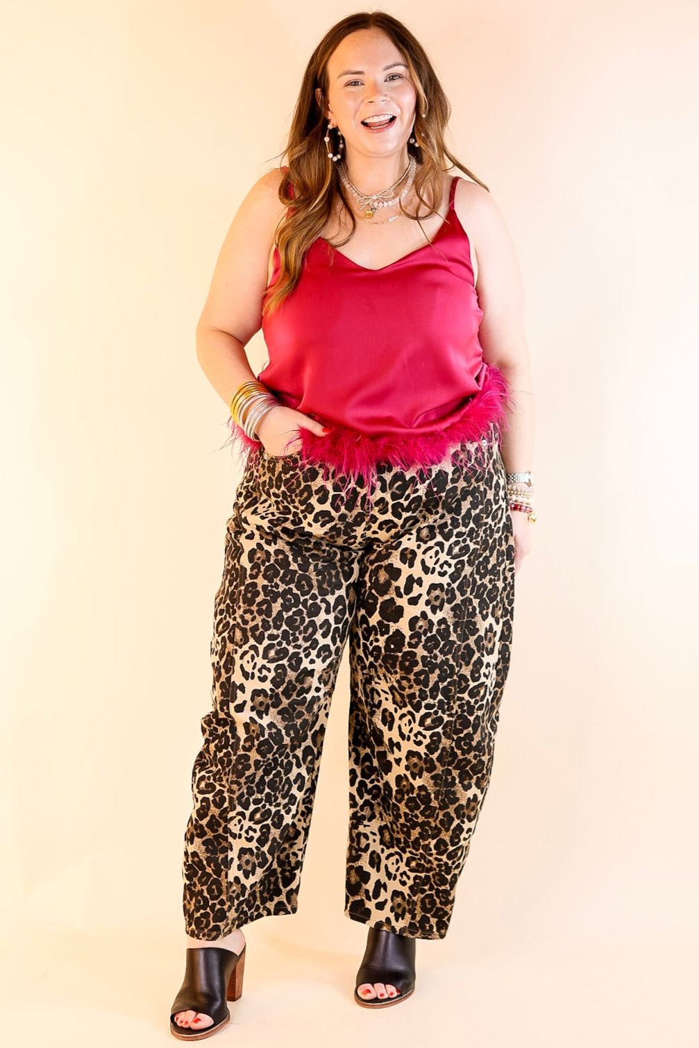 Out All Night Spaghetti Strap Top with Feather Hem in Magenta