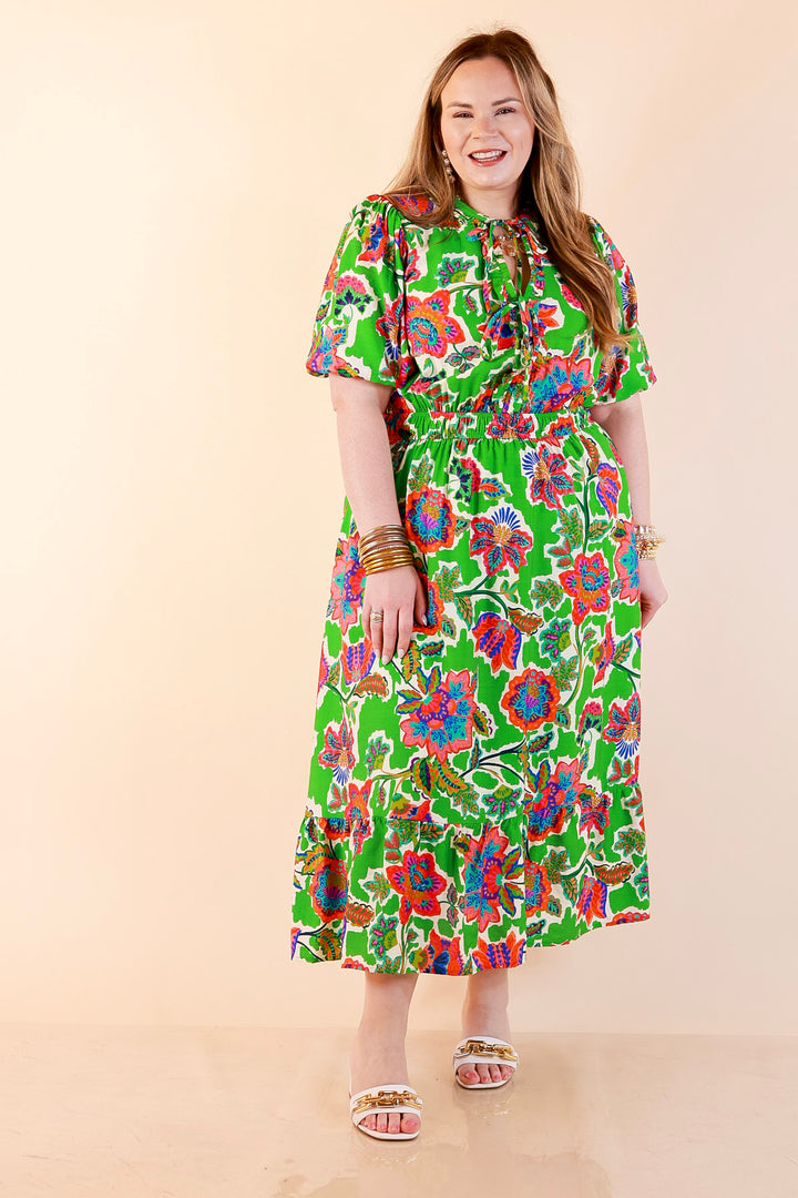 Color Me Happy Floral Print Midi Dress with Tie Neckline and Puff Sleeves in Green