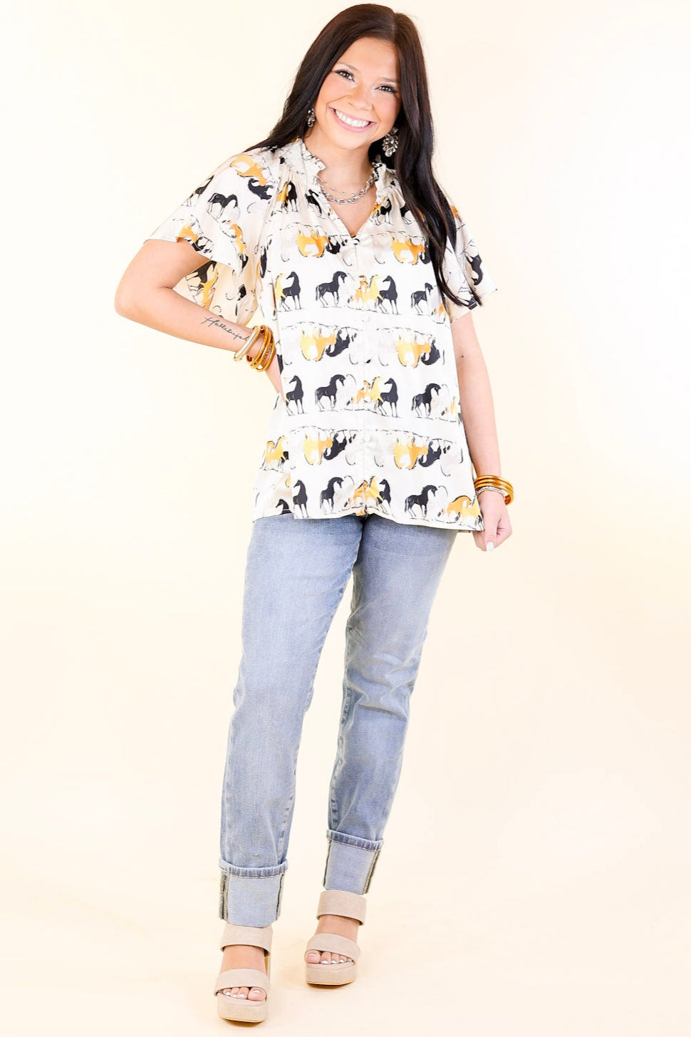 Away We Go Button Up Horse Print Shirt in Ivory