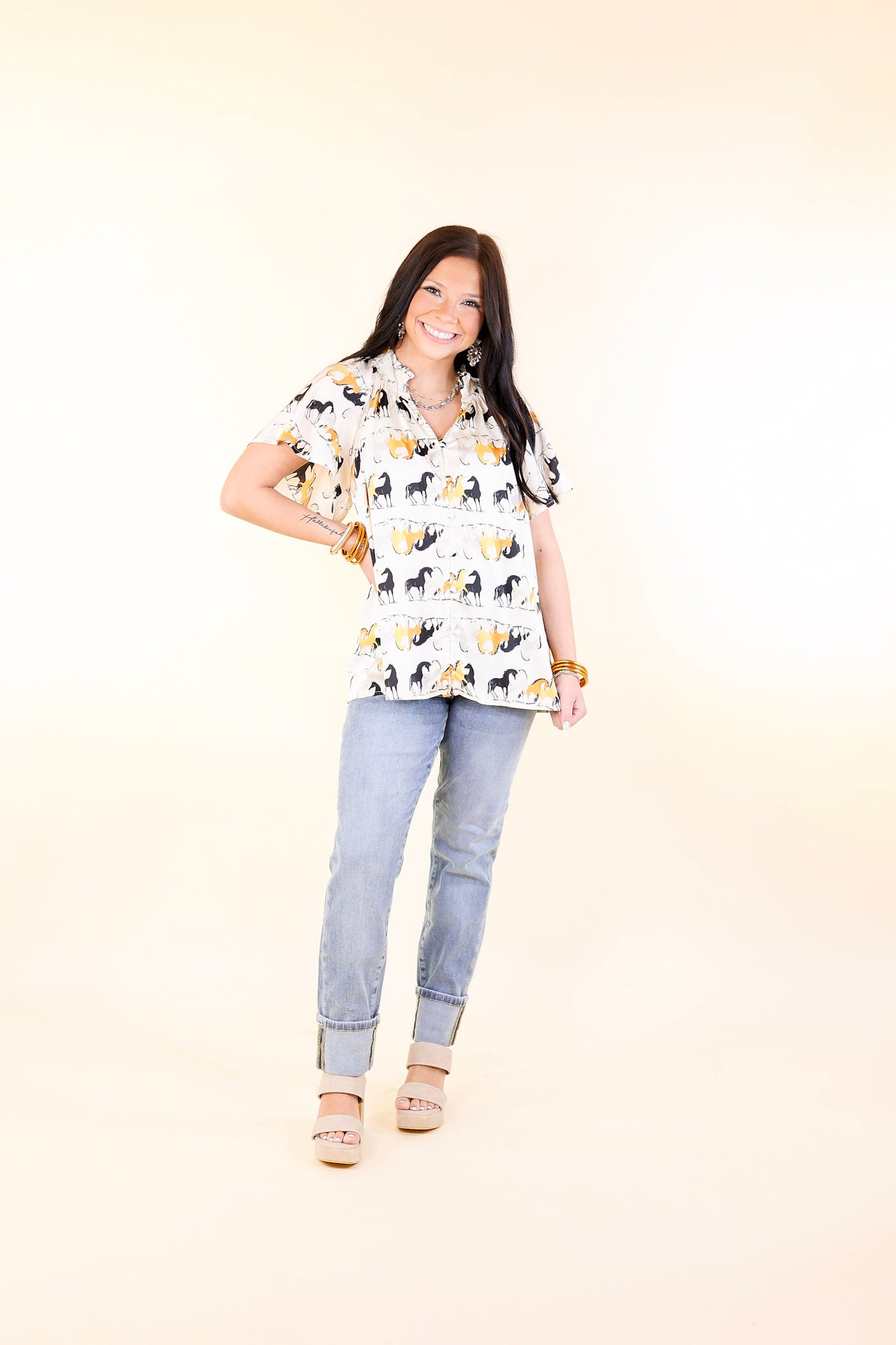 Away We Go Button Up Horse Print Shirt in Ivory