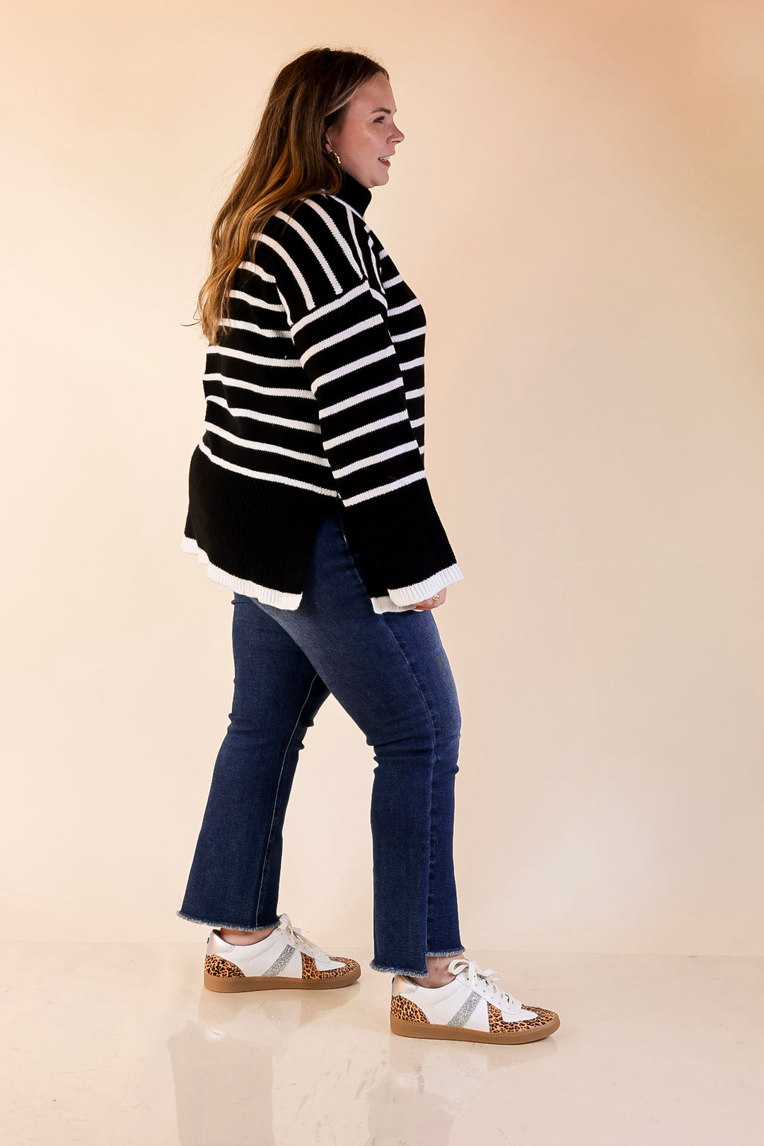 Mud Pie | Dunn Turtleneck Sweater with White Stripes in Black